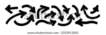 Various bold brush drawn curved arrows. Collection doodle marker thick arrows in different directions. Hand drawn vector direction pointers. Curved and wavy brush strokes with scratches.