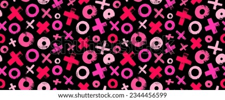 Red and pink colored XO seamless pattern. Vector abstract background with various circles and crosses for Valentines day holiday. Grunge texture with brush drawn geometric elements.