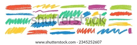 Colorful dry brush marks, pencil squiggles and scribbles. Hand drawn vector crayon various lines, spirals and doodles. Multi colored rough highlighters, chalk strokes, pencil dividers. Curly lines.