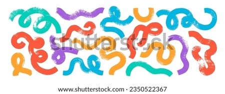 Colorful bold curved lines and doodle smears collection. Hand drawn vector curly thick brush strokes with loops, spirals and swirls. Organic curly lines elements isolated on white. Colorful squiggles.