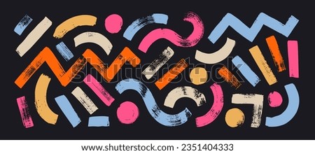 Colorful abstract geometric shapes and bold brush lines vector collection. Hand drawn circles, straight thick lines, zigzag and curved smears. Grunge texture isolated shapes.