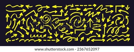 Set of yellow highlighter arrows. Marker drawn various arrows with different directions. Swirls, curved strokes, dotted lines, straight smears. Hand drawn bright thick elements.