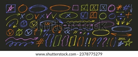 Hand drawn various colored arrows, ellipses, punctuation marks, direction pointers. Charcoal or pencil drawn rough colorful elements for diagrams. Swirl lines, swoosh, bubbles, underline element.