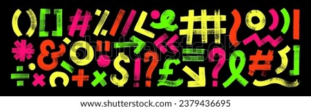 Neon colored punctuation signs drawn with a bold brush. Check marks, exclamation and question marks, brackets, grids and various signs. Vector highlighters, hand drawn underlines, typography symbols.
