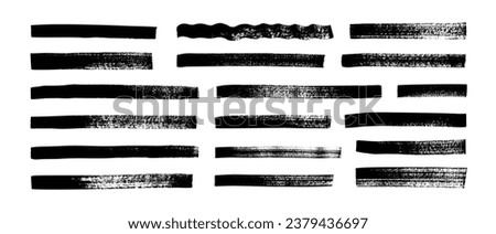 Black highlighter bold horizontal lines set. Brush drawn vector stripes with dry brush texture. Grunge marker highlight underline strokes. Scribble charcoal thick long isolated lines.
