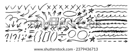 Hand drawn doodle design elements, charcoal or pencil drawn punctuation marks. Vector rough highlight, underline, sketchy doodle arrows collection. Thin texture frames, ticks, crosses and stars.