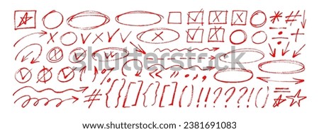 Hand drawn various arrows, ellipses, punctuation marks, direction pointers. Charcoal or pencil drawn rough red elements for diagrams. Swirl lines, swoosh, bubbles, underline element.