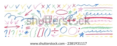 Hand drawn colored doodle design elements, charcoal or pencil drawn punctuation marks. Vector rough highlight, underline, sketchy doodle arrows set. Thin texture frames, ticks, crosses and stars.