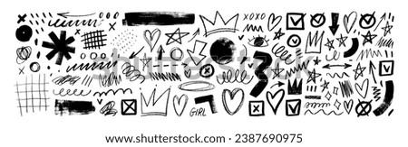 Charcoal graffiti doodle punk and girly shapes collection. Hand drawn abstract scribbles and squiggles, creative various shapes, pencil drawn icons. Scribbles, scrawls, stars, crown, curly lines.