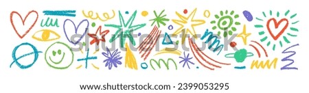 Collection colorful charcoal doodle elements like stars, planets, hearts, crescent moon and smile. Hand drawn pencil squiggles and speckles, creative abstract doodle style elements isolated on white.