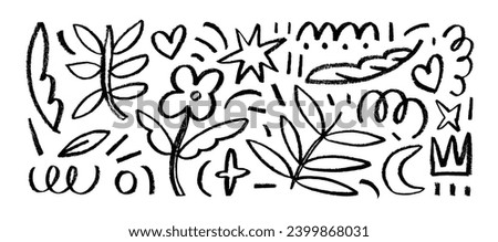 Charcoal doodle shapes and hand drawn elements collection. Pencil drawn flowers, crowns, stars and speckles isolated on white. Rough crayon strokes and doodle childish shapes. Festive collages design.