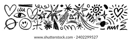 Collection charcoal doodle elements like stars, planets, hearts, crescent moon and smile. Hand drawn pencil squiggles and speckles, creative abstract doodle style elements isolated on white.