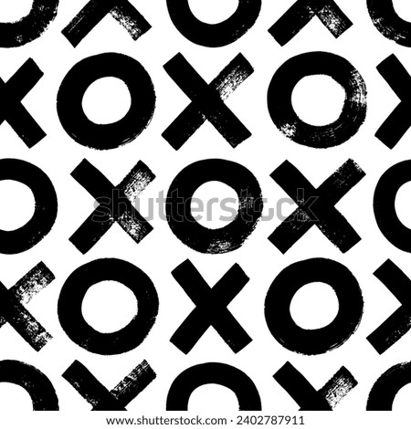 Geometric seamless pattern with bold brush drawn crosses and circles. X and o letters, xoxo phrase 'kisses and hugs'. Hand drawn seamless pattern of X-O children game. Geometric grunge background.