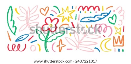 Colorful charcoal doodle shapes and hand drawn elements collection. Pencil flowers, crowns, stars and speckles isolated on white. Rough crayon strokes and doodle childish shapes. Design collages.