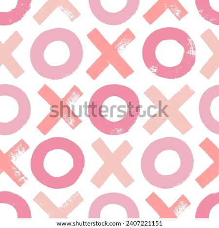 Pink colored seamless pattern with xoxo or crosses and circles. Brush drawn geometric shapes or letters. Seamless pattern for Valentine's day, wedding. Romantic and love motif with bold brush shapes.