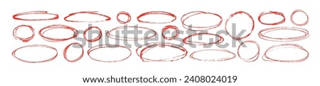 Red pen ellipses and circles to emphasize text in hand drawn notes. Doodle round shapes. Vector ovals and ellipses lines to highlight text. Set of various red scribble ovals, bubbles and circles.