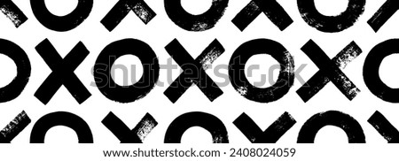 Grunge seamless banner design with crosses and circles. Seamless pattern with tic tac toe motif. Hand drawn vector illustration with black doodle geometric shapes. Typography print or wallpaper.