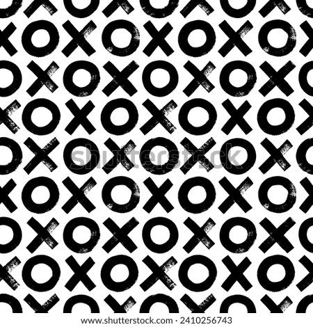 Geometric seamless pattern with bold brush drawn crosses and circles. X and o letters, xoxo phrase 'kisses and hugs'. Hand drawn seamless pattern of X-O children game. Geometric grunge background.