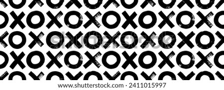 Grunge seamless banner design with crosses and circles. Seamless pattern with tic tac toe motif. Hand drawn vector illustration with black doodle geometric shapes. Typography print or wallpaper.