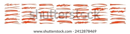 Red underline and strikethrough markers collection. Horizontal hand drawn marker stripes, scribble brush strokes, ovals and scrawls. Vector set of doodle underlines, pencil or charcoal scribbles.