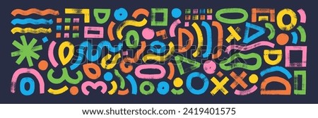 Geometric bold brush drawn colorful elements and shapes. Hand drawn abstract grunge thick doodles. Asterisk, circles, crosses, squiggles, curved lines. Grunge shapes in Memphis style for collages.