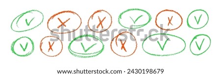 Green check mark and red crosses in ellipses icon set, colored charcoal circles and ovals. Tick symbol in green color. Right and wrong marks vector elements. Doodle checkmarks and crosses.