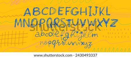 Hand drawn colorful childish alphabet letters. Pencil or pen punk style calligraphy letters. Scribbles and scrawls with simple pattern. Lower case, upper case. Street art lettering, urban typography.