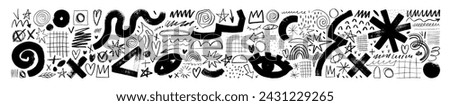 Charcoal graffiti doodle punk and girly shapes collection. Brush drawn eyes and geometric shapes, charcoal and crayon doodle illustrations. Abstract scribbles and squiggles, creative various figures.