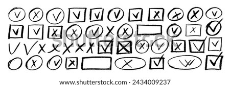 Hand drawn charcoal check marks and crosses in oval or square frames. Empty and filled boxes for answers in test, confirmation or negation crayon icons. Hand drawn vector check signs, doodle crosses.