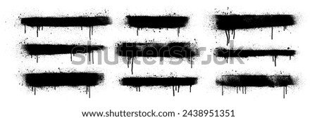 Set of bold and thick strokes with spray texture and ink drips. Vector spray paint shapes, horizontal banners. Graffiti style stripes with stain splash, airy ink strokes. Street art or urban style.