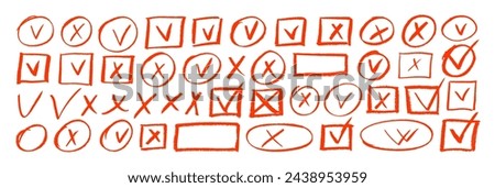 Hand drawn red charcoal check marks and crosses in oval or square frames. Empty and filled boxes for answers in test, confirmation or negation crayon icons. Vector check signs, doodle crosses.