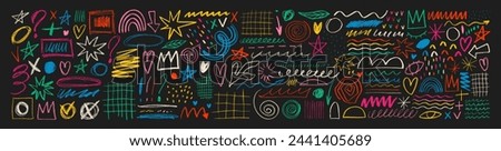 Colorful hand drawn various doodle shapes, pencil arrows, stars, hearts and crown. Charcoal pencil scribble lines for hand drawn diagrams, collages, design. Charcoal or crayon vector childish drawing.