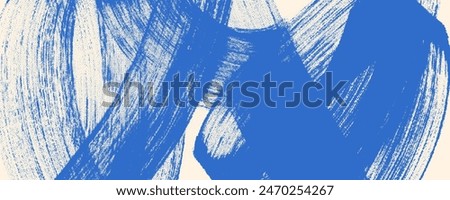 Grainy blue bold brush stroke with spray texture. Hand drawn distress damaged edge vintage template, banner. Grainy bold brush strokes texture with small dots. Retro vector background for posters.