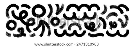 Various bold brush drawn wavy lines, circles and arches. Thick squiggle lines, abstract geometric grunge elements. Hand drawn doodle grunge style elements. Primitive geometric forms set.