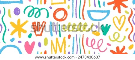 Childish girly style crayon doodle seamless pattern. Hand drawn colorful doodle squiggles, shapes, crowns and dots. Pencil or charcoal drawings. Fun abstract shapes seamless banner.