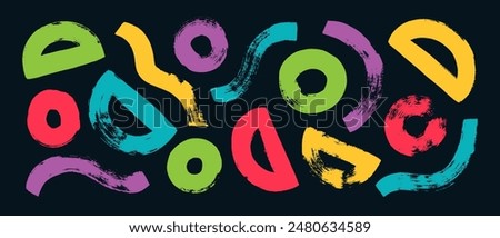 Colorful abstract geometric vector shapes drawn with a bold brush. Thick rough semicircles, circles and wavy lines. Bold graffiti style geometric shapes. Abstract doodle grunge style elements.