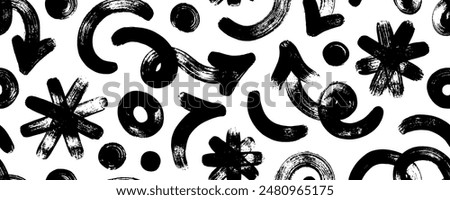 Brush drawn various bold geometric shapes seamless pattern. Spiral arrows, asterisks, circles, dots and curved lines. Grunge style texture geometric shapes. Abstract vector trendy banner.