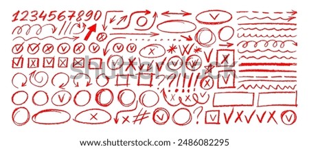 Various red crayon drawn elements for hand drawn notes, diagrams and journal. Underline and emphasis pencil elements, check marks, numbers and arrows. Vector charcoal punctuation marks.