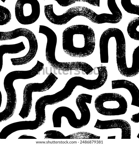 Abstract geometric shapes and bold brush drawn curved lines seamless pattern. Abstract labyrinth wallpaper with grunge brush strokes. Hand drawn vector irregular maze seamless pattern.