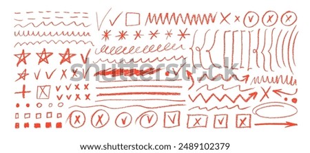 Collection of crayon drawn red underlines, brackets, dots and check marks for to do list and notes. Hand drawn pencil doodle stars, check marks, various lines for diagrams. Underline and emphasis icon