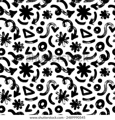 Various doodle grunge shapes seamless pattern. Bold spiral arrows, asterisks, circle and dots. Hand drawn thick brush stroke, doodle geometric shapes. Abstract scribbles and squiggles.