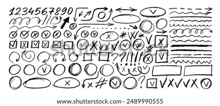 Various crayon drawn elements for hand drawn notes, diagrams and journal. Underline and emphasis pencil elements, check marks, numbers and arrows. Vector charcoal punctuation marks.