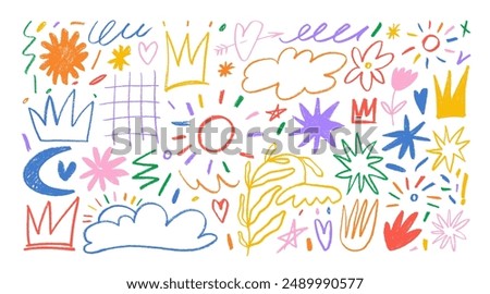 Colorful childish crayon drawn doodle collection. Pencil drawings isolated on white, squiggles in childish girly style, flower, crown and stars. Freehand cute kid scribbles. Bright color chalk icons.