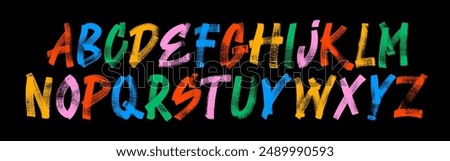 Kids style colorful grunge capital letters, distressed alphabet. Punk and grunge style alphabet. Stencil graffiti font. Bold brush drawn vector typography. Childish capital letters.