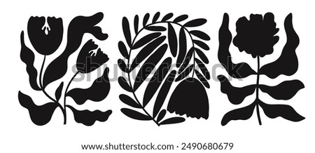 Set of abstract flower silhouettes in Matisse naive style. Elegant flower shapes in geometric forms. Modern trendy botanical minimal style. Organic doodle or modern groovy flowers.