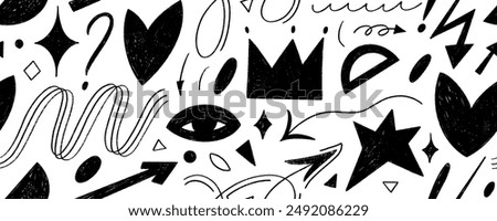 Girly seamless pattern with crayon drawn shapes, arrows, crown and heart. Abstract y2k background. Kid's style funky elements. Hand drawn Memphis style pattern with cute and trendy shapes.