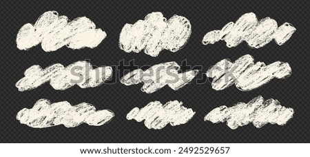 White fluffy crayon drawn clouds in kid's style. Childish doodle naive icons isolated on background. Realistic chalk drawn sketch of sky symbols. Rough cute pastel texture. Vector illustration.