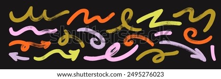 Collection of various colorful bold brush drawn arrows and squiggle lines. Hand drawn vector quirky spiral arrows and thick emphasis lines. Vector doodle marker symbols. Grunge strokes for collages.