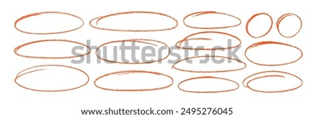 Hand drawn red crayon ovals and circles set. Ellipses in red pencil doodle style. Round freehand shapes, emphasis highlights. Red round rough thin frames. Vector elements for hand drawn diagrams.