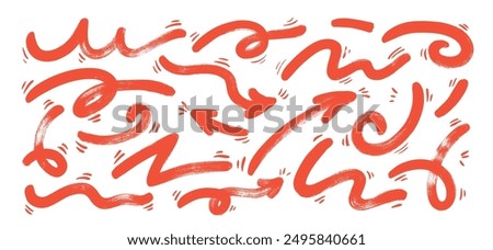 Various red sketchy doodle quirky arrows and emphasis thick lines. Freehand squiggled thick lines and arrows with motion elements. Vector ink illustration of doodle pointers and direction marks.